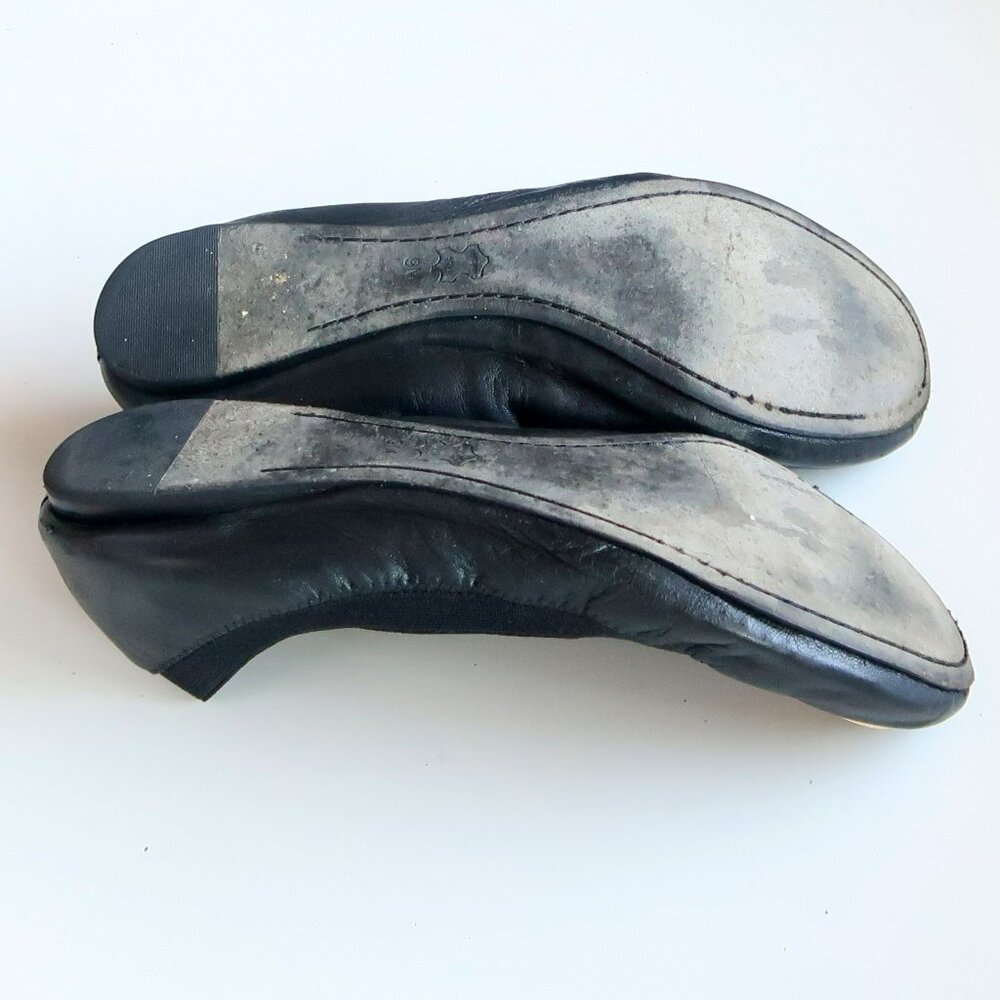 Tory Burch Black Leather Round Toe Ballet Flats Gold Logo Classic Designer Shoes - Picture 14 of 16